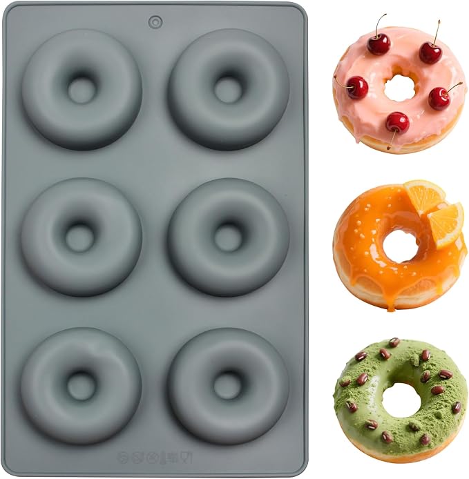 Silicone Donut Mold Pans, 6 Cavity Non-Stick Baking Tray for Chocolate Dessert, Gray, 10.8 x 6.8 x 0.8 inches