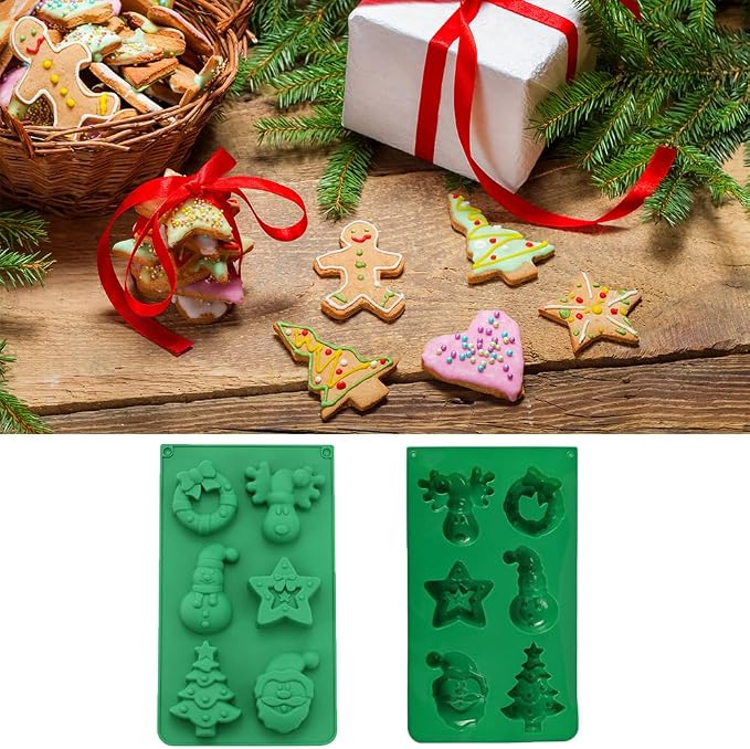 6 Cavities Silicone Cookies Biscuit Mold, Christmas Halloween Candy Mold, Reusable DIY Baking Mold Jelly Chocolate Mold, Ice Cube Tray Wax Melt Molds(Set of 2 Green Star and Elk)