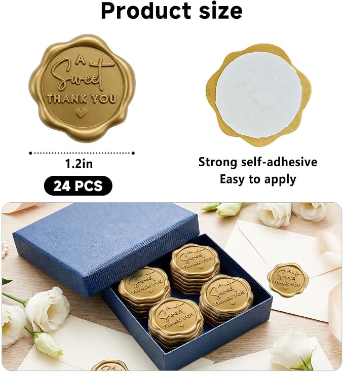 A Sweet Thank You Wax Seal Stickers, Self Adhesive Vintage Thank You Seals for Favor Bags, Sweet Treat Packaging, Donut Favors, Bakery Boxes, Gift Wrapping, 1.2 Inch (Light Gold)