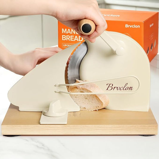 Brvclon Manual Bread Slicer Adjustable Thickness, Hand Crank Bread Slicer for Homemade Sourdough Bread with Scale Line & Suction Cup & Metal Guide,Quality Solid Wood Base & Gift-Level Packaging