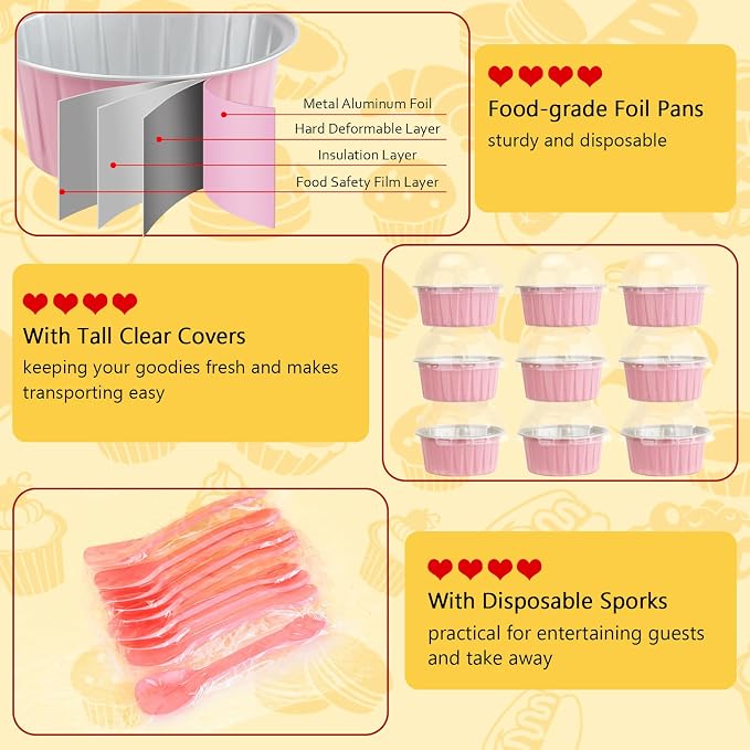 5oz Mini Cake Pans with Lids 25 Pack, Foil Muffin Tin Small Baking Cups, Disposable Cupcake Containers Creme Brulee Ramekins Cupcake Liners for Bake Sales Valentines-Pink