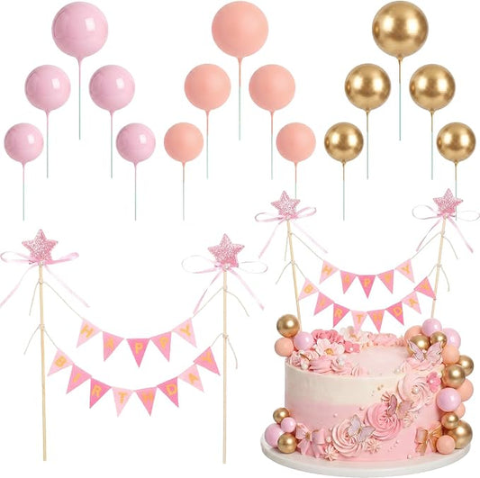16 Pcs Happy Birthday Cake Topper Cake Bunting Topper Banner with Wood Pole Rainbow Garland with Bow Ribbon Balloon, Mini Cupcake Decor for Birthday Baby Shower (Pink,Gold)