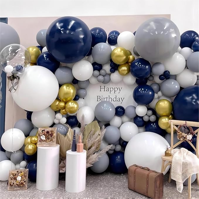 136pcs Navy Blue Gold White Balloons Garland Arch Kit,18 12 10 5 Inch Different Sizes Pack Party Latex Balloons for Valentine’s Day Birthday Holiday Party Decorations