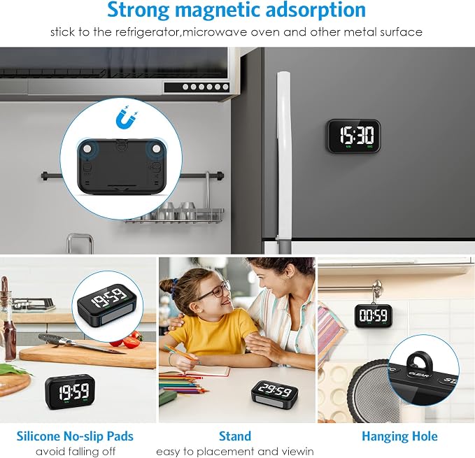 Digital Kitchen Timer, Digital Timer with Large LED Display, Magnetic Classroom Timer with Count Up Countdown, 3 Volume Levels for Cooking/Office/Kids/Work/Study, Black (Battery Included)