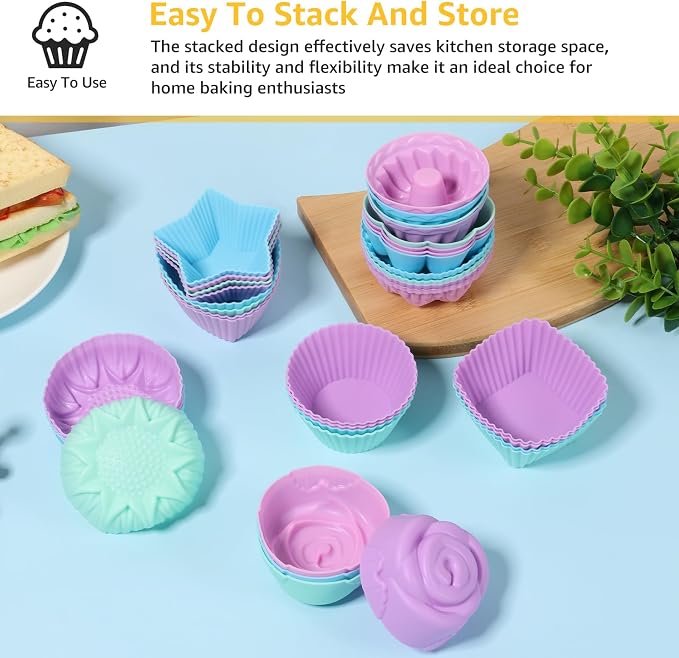 36Pcs Silicone Donut Mold, Non-Stick Muffin Liners, Reusable Bagel Baking Cups, 9 Types Stackable Donut Trays, Heat Resistant Bakeware for Bagel Muffin Jelly
