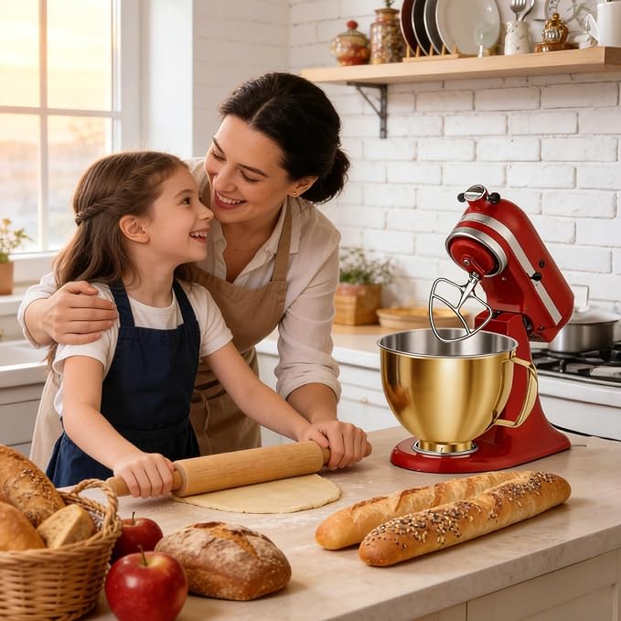 Stainless Steel Mixer Bowl for KitchenAid Artisan & Classic Series 4.5 & 5 Quart Tilt-Head Stand Mixers, KSM150 Stainless Steel Bowl Replacement, Mixing Bowl for KitchenAid, Radiant Gold