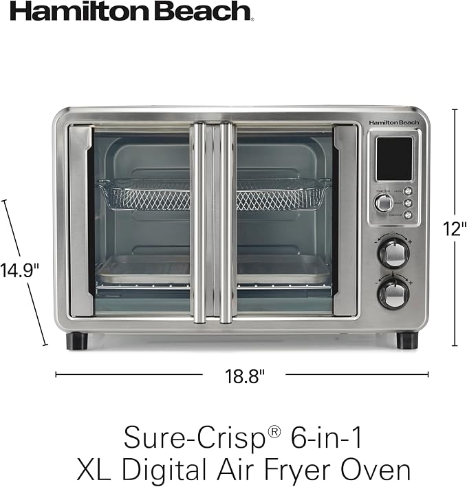 Hamilton Beach 6-in-1 XL Digital Air Fryer Toaster Oven Combo, With Easy-Access French Doors, Bake, Broil, Toast, Pizza & Reheat Functions, 0.9 cu. ft. Capacity, Stainless Steel (31191)