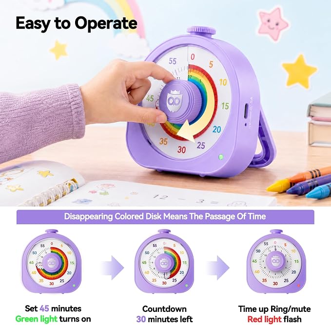 Visual Timer for Kids and Adults 60 Min/12 Hour Rechargeable Countdown Timer with Magnetic Sticker and Mute Function Kids Pomodoro Timers for Classroom Office Kitchen Silent Operation & Rainbow Disk