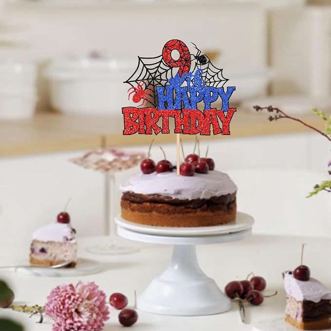 1 PCS Happy 9th Birthday Cake Topper Glitter Spider Web Cheers to 9 Years Nine Birthday Cake Pick Superhero Spider Party Decorations for Boys Girls Happy 9th Birthday Party Cake Decorations Supplies
