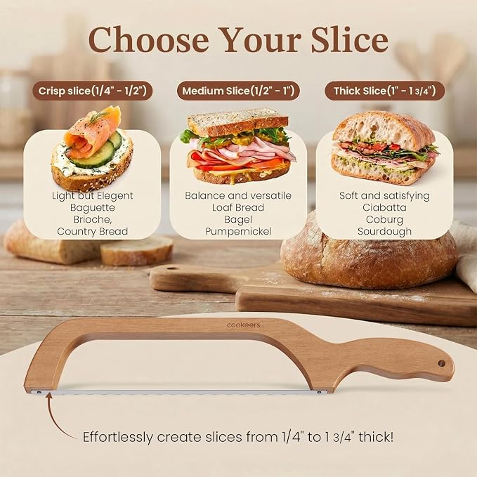 Sourdough Bow Bread Knife –Large Bread Slicer for Homemade Bread with Serrated Stainless Steel Blade, Even Slice Cutter for Baguettes, Bagels, Thoughtful bread lame,Gift for Bread Lovers