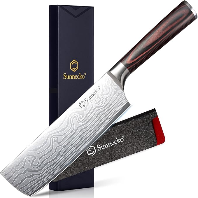 Sunnecko Japanese Nakiri Knife 7 Inch - 12° Edge Carbon Steel Chef Knife for Meat Vegetable Cutting Japanese Style, Full Tang Forged Blade Knife with Sheath, Kitchen Gift for Father Home Cooks & Pros