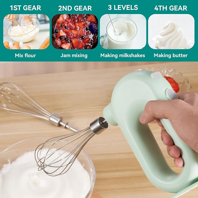 4 Speed Electric Hand Mixer, Electric Hand Mixer Whisk Wireless Rechargeable Handheld Egg Beater Adjustable Cordless Electric Whisk Hand Mixer 1500mAh Small Portable Handheld Mixer (Green)