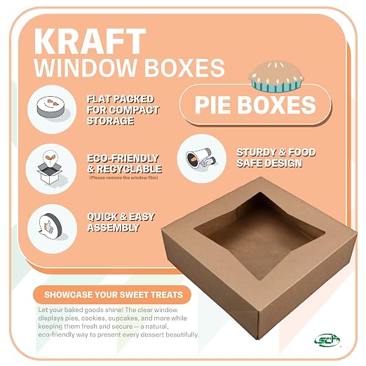 SCT Kraft Window Bakery Box (200 Quantity) 8x8x2.5, Automatic Bakery Carrier for Pies, Donuts, Pastries, Kraft with Clear Lid, 24013K