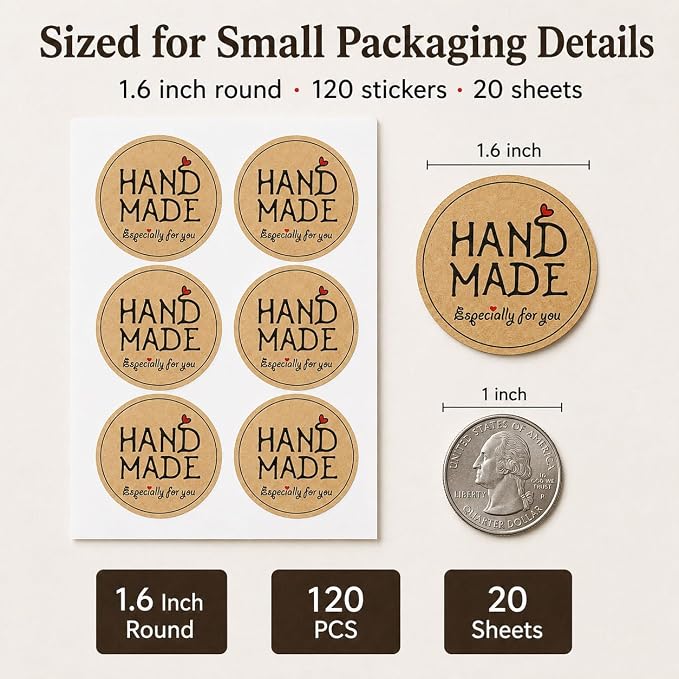 Handmade Kraft Packaging Stickers: 120 PCS 1.6 Inch Round Paper Seals with Especially for You Design for Small Business Bakery Boxes, Cookie Bags, Jars and Treat Bags