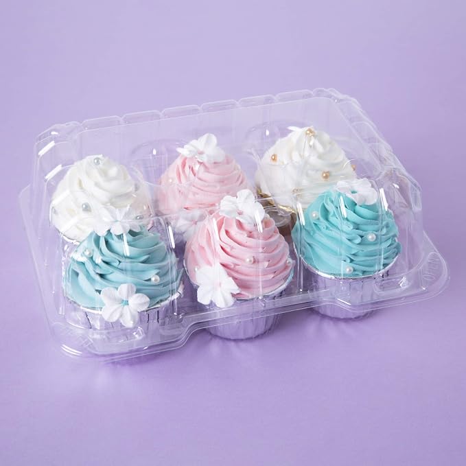 ONE MORE Clear Cupcake Boxes 6 Cavity Holder, Large 6 Compartment Muffin Containers Plastic Cupcake Carrier with Deep Dome 4" High Safe Eco-friendly Material Pack of 15