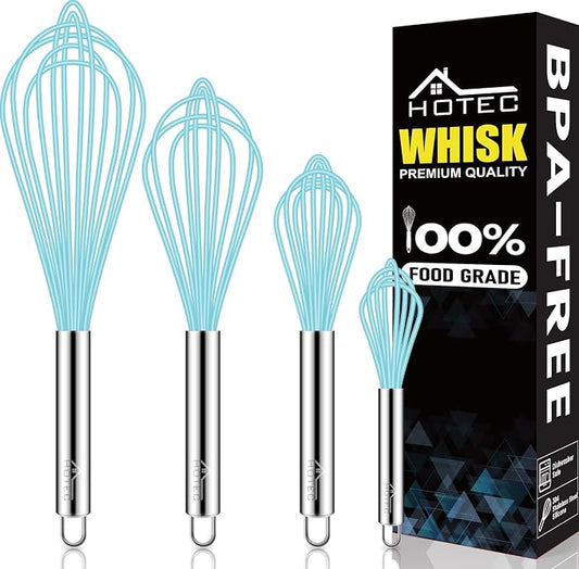 HOTEC 4 Pieces Silicone Whisks Set, Wire Balloon Whisks for cooking Egg Beater, Non-slip Handle Whisk for Non-stick Cookware Perfect for Cooking, Stirring, Beating and Blending,Blue