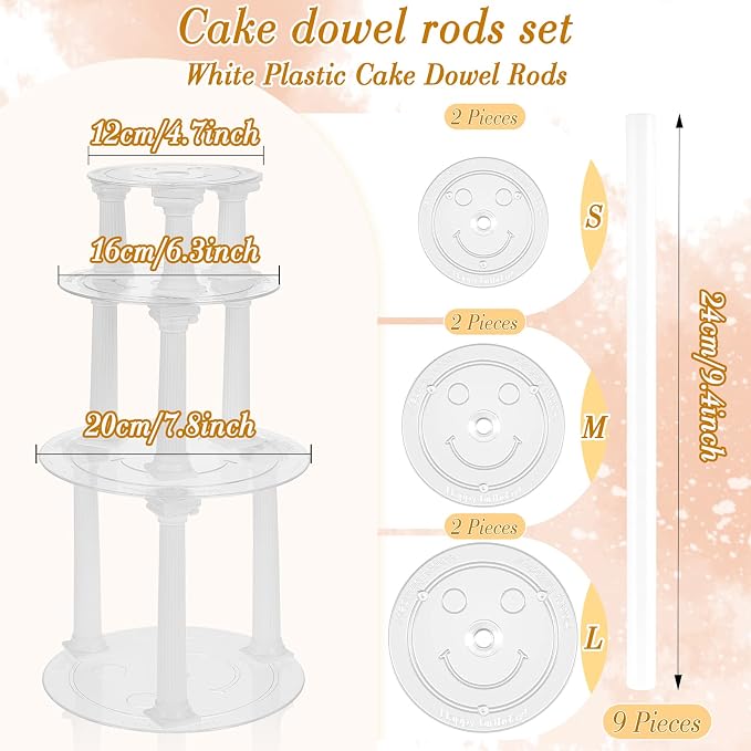 Suclain 27 Piece Cake Tier Stacking Kit Includes 12 Roman Columns in 3 Sizes 6 Cake Boards 4.7/ 6.3/ 7.9 Inch and 9 Dowel Rods for Wedding and Tiered Cakes Building and Stacking