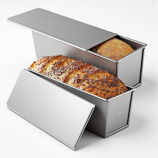 2 Pcs Pullman Loaf Pan with Lid, 13x4 Inch 2lb Dough Capacity Non-Stick Bread Baking Pan for Sandwich Bread, Toast, Sourdough and Homemade Baking, Silver