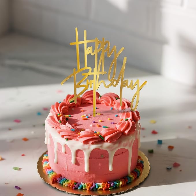 Happy Birthday Cake Topper – Gold Acrylic Birthday Cake Decoration, Modern Script Reusable Cake Pick for Adult Birthday Party, 7.2 Inch