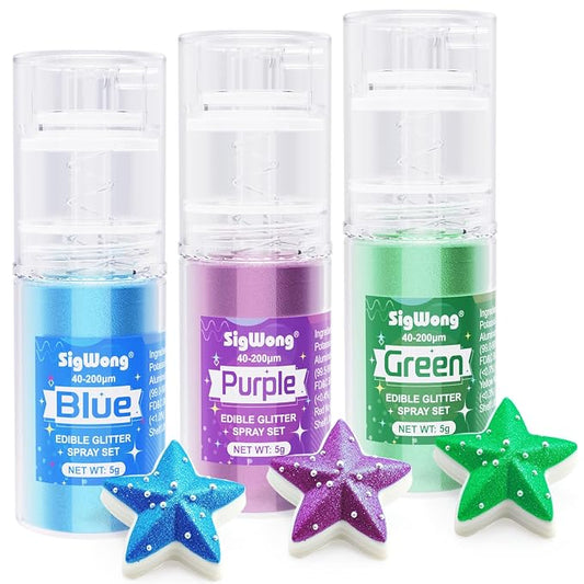 Edible Glitter Spray Set - 3 Color 100% Edible Glitter for Cakes, Cupcakes, Cake Pops, Drinks, Chocolate, Strawberries, Cookies, Food Grade Coloring Glitter, Blue, Purple, Green (5g/Bottle)