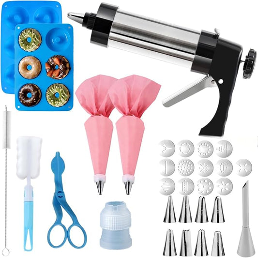 Cookie Press Gun Kit, Spritz Cookie Maker with 13 Discs & 8 Icing Tips, 2 Donut Molds & Piping Bags, Stainless Steel Baking Set for Cookies, Donuts, Churros & Cake Decorating