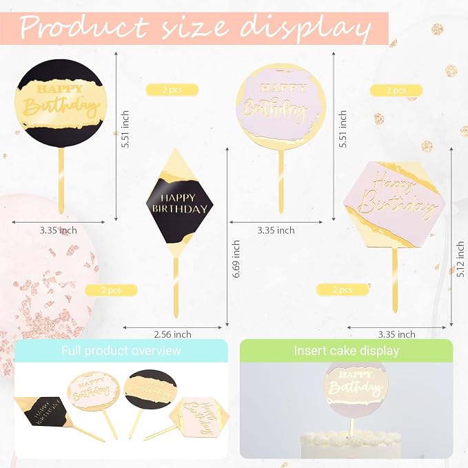 Wootkey 8Pcs Acrylic Happy Birthday Cake Toppers Engraved Happy Birthday Sign for Cake DIY Birthday Gift Flower Bouquet Pastries Desserts Decor