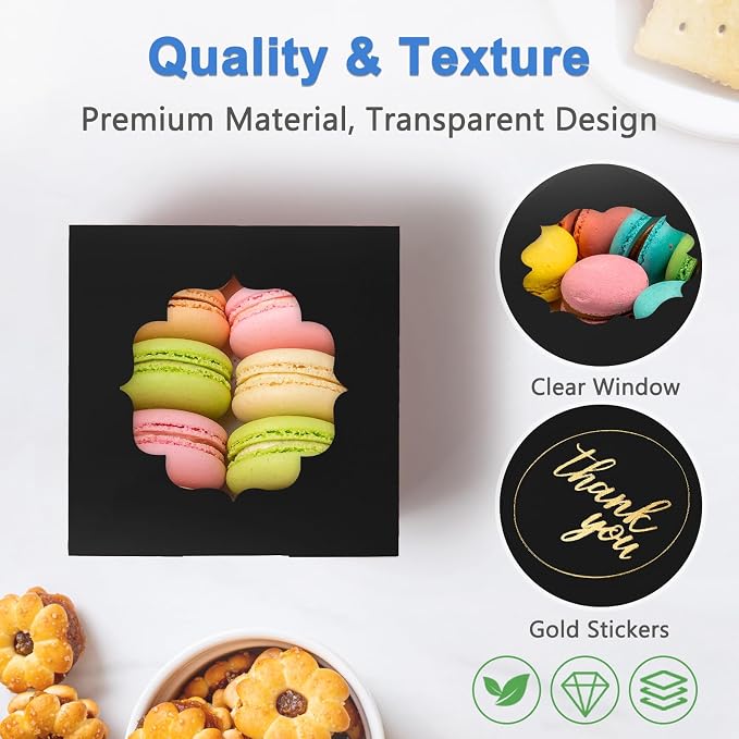 Shallive 4-Inch Small Cookie Boxes 50 Pcs Black - Bakery Treat Boxes with Window for Graduation Gifting, To-go Tins for Cake Slice, Macarons, Donuts 4x4x2.5 Inch