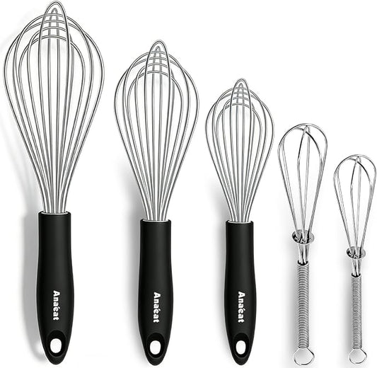 Anaeat Stainless Steel Kitchen Whisk Set of 5, Milk and Egg Beater Blender with Thick Wire for Whisking, Cooking, Baking, Beating and Stirring - 5"+7" Mini Whisk and 9''+11''+12'' Balloon Whisks