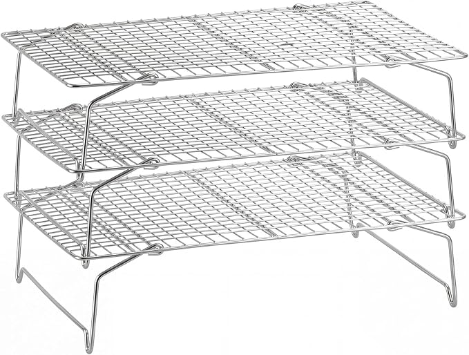 P&P CHEF 3 Tier Cooling & Baking Racks, Stainless Steel Stackable Grid Cooking Rack for Cooling Roasting Grilling, Collapsible & Heavy Duty, Oven & Dishwasher Safe, 15" x 10"