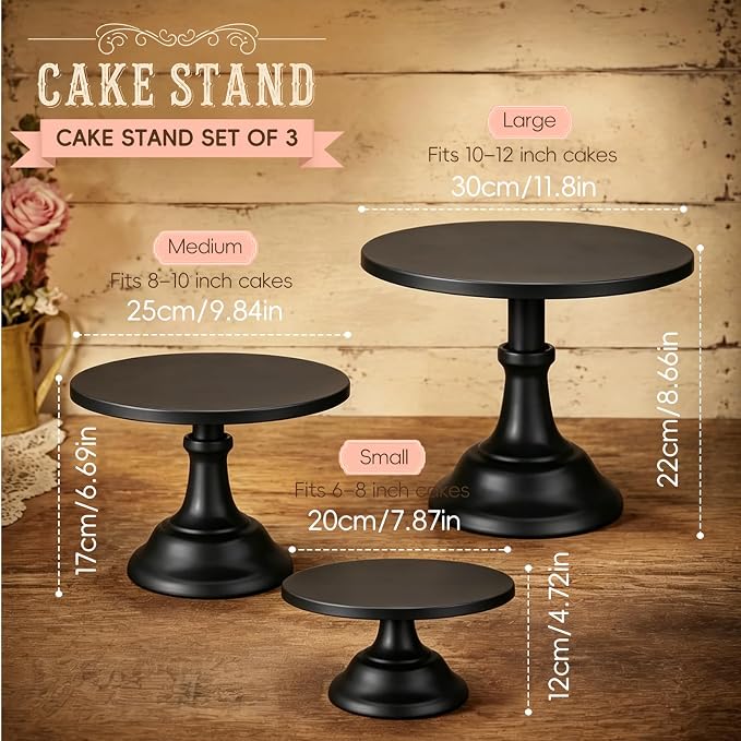 Three-piece Cake Stand Set, Metal Round Trays, 8-inch, 10-inch, and 12-inch, for Dessert Table displays; Perfect for Christmas, Thanksgiving, Birthdays, Weddings, and Other Celebrations(Black)