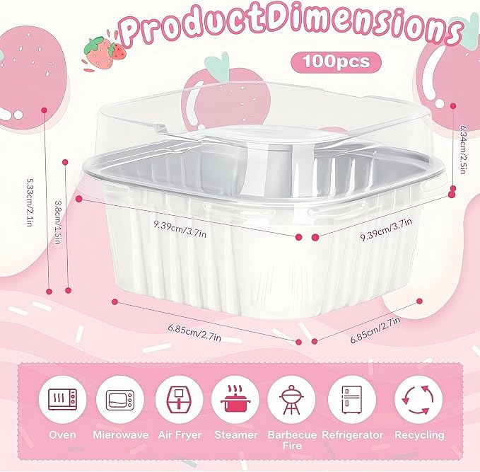 100Pack 5oz White Mini Cake Pans with Lids Baking Cups Aluminum Foil Pans Tins, Individual Dessert Cups Containers for Sales,Party,Picnics