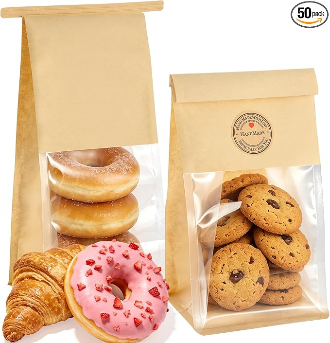 BagDream 50 Pack Cookie Bags with Window 3.9x3.1x8.2 Inch Small Cookie Packaging Treat Bags, Resealable Tin Tie Tab Lock Bakery Bags Grease Resistant for Muffin, Candies, Popcorn, Gift Giving
