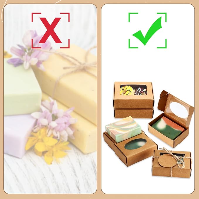 Yexiya 60 Pcs Homemade Soap Boxes 3.55 x 2.4 x 1.2 Inch Kraft Soap Box with Window Mini Gift Packaging Supplies for Homemade Bakery Candy Cookies Party Favor(Kraft Color)