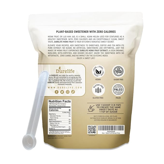 DureLife Organic 100% Pure Monk Fruit Sweetener, No Erythritol, 15 Oz | Zero Calorie Sugar Substitute, No Fillers, Keto Certified, OU Kosher, USDA Organic, Non-GMO Project Verified