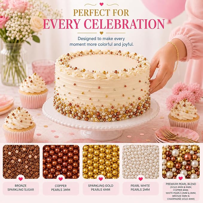 Confect Sprinkle Mix – Edible Gold, Bronze & White Sugar Pearls with Copper Sparkling Sugar –Great Gatsby Disco Ball- Elegant Cake, Cupcake & Cookie Decorating Sprinkles –Vegan, Gluten-Free, Nut-Free, Soy-Free, Dairy-Free, Palm Oil-Free, Dye Free- 5 Oz