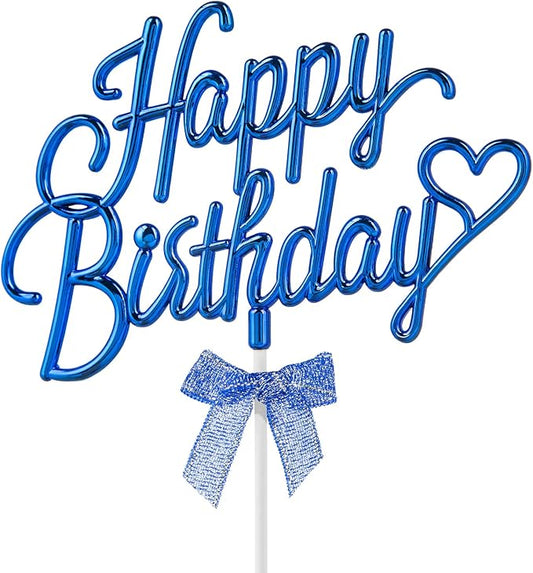 Royal Blue Happy Birthday Cake Topper Plastic - 3D Double Sided Cursive Happy Birthday Sign for Cake with Bow, Idea for Cake Decoration (ROYAL BLUE)