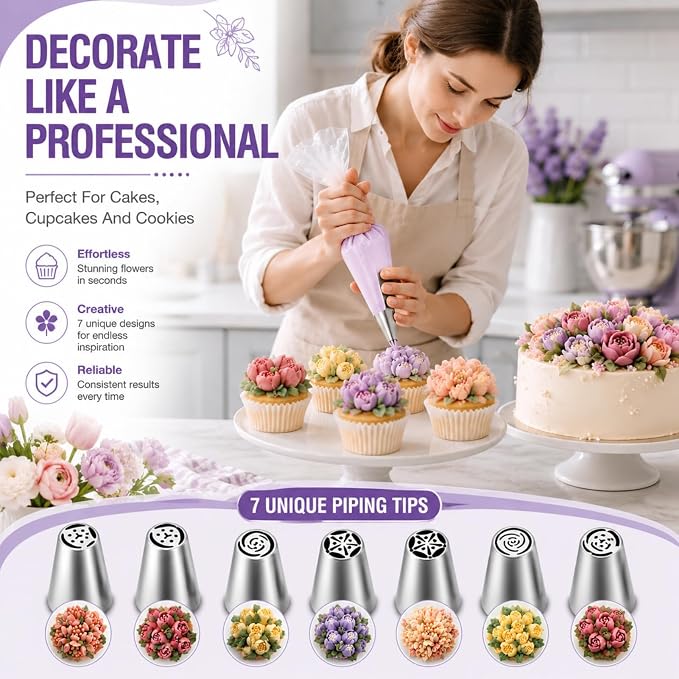 7 Pieces Russian Piping Tips,Cake Decorating Supplies Piping Tips | Stainless Steel, For Cookie And Cake Decorating,Birthday Cake, Cupcake, DIY Cream Baking Tools