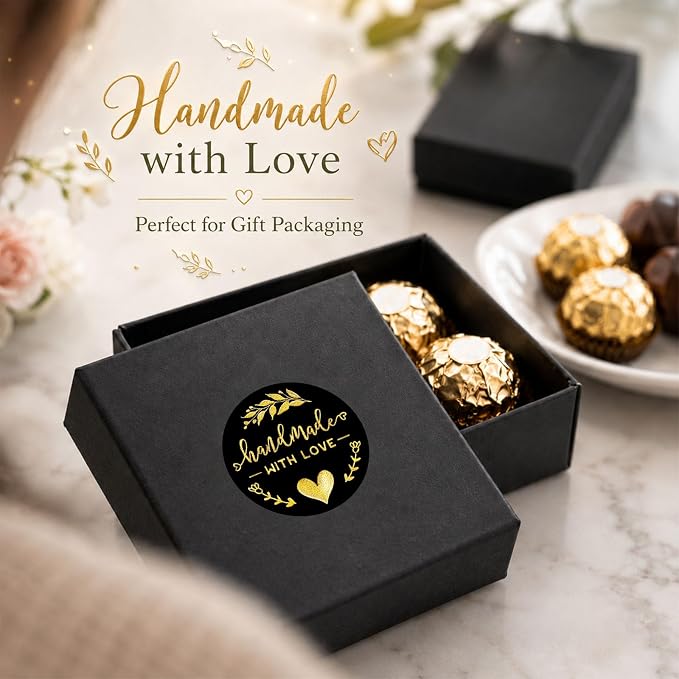 100PCS Handmade with Love Stickers, Black Gold Foil Labels for Small Business Packaging, Bakery Cookies, Gift Wrapping, Candy Table, Wedding Baby Shower Party Favor Stickers.1.6 inch (Black+Gold)
