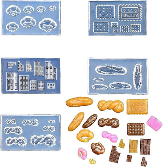 CoolDIY Multipurpose Mini Silicone Mould Set: Bread, Chocolate, Croissants, Multiple Designs - Perfect for Clay Crafts, Nail Art Decor (5Pcs Group2)