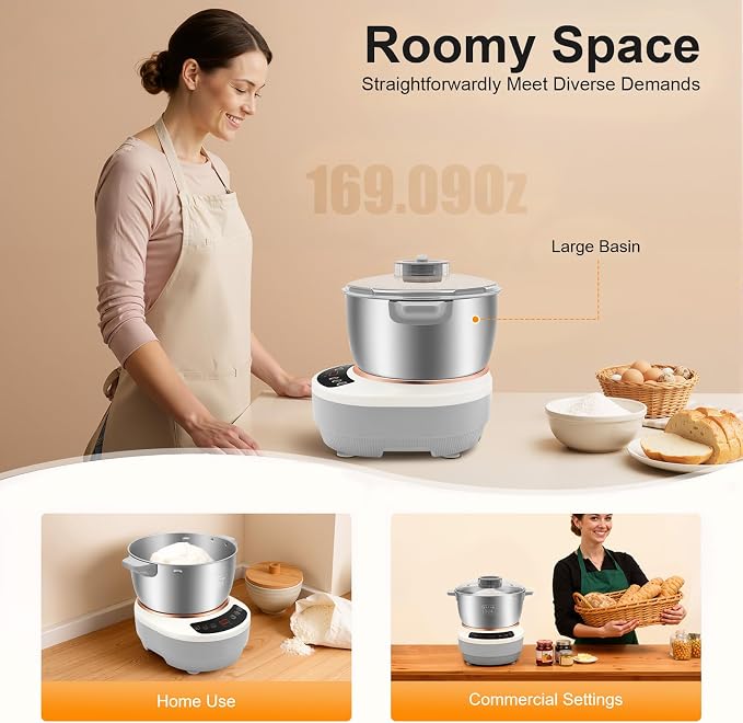 5.3QT 304 Stainless Steel Electric Dough Maker, Dough Stand Mixer Machine with 140-170 RPM,Built-in Microcomputer Timer,Digital Screeny, Automatic Kneading Machine for Bakery (Silver)