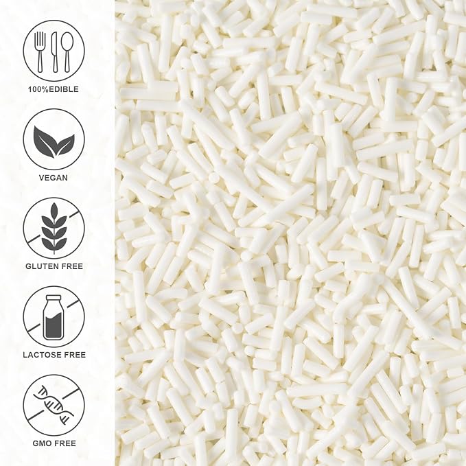 Edible White Sprinkles Bulk 16 oz Bulk White Jimmies for Ice Cream Dessert Toppings brownies Cookies, Cupcakes, Cake Decorating Birthday Baby Shower