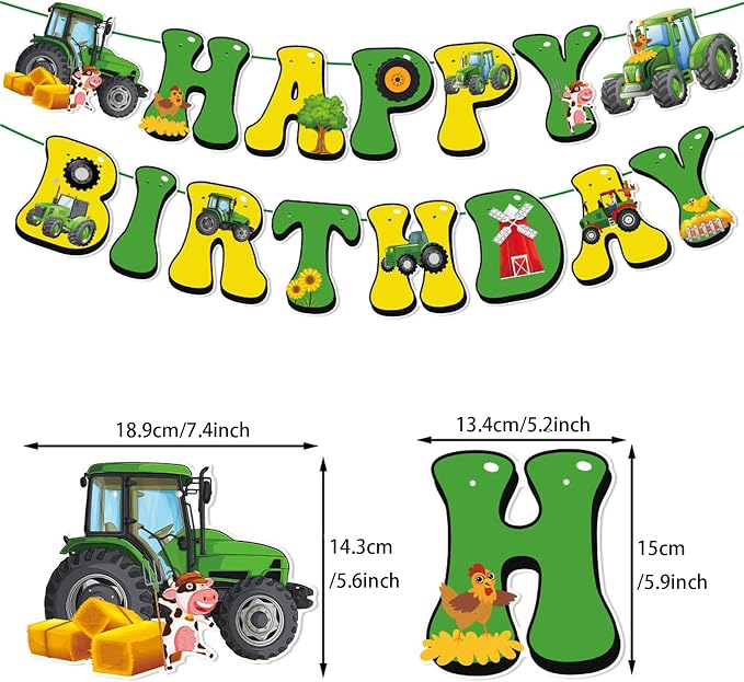Zwiebeco Green Yellow Tractor Happy Birthday Banner Bunting Hanging Paper Swirls Garland Party Decorations for Farm Themed Baby Shower Kids Bday Decor Accessories Supplies