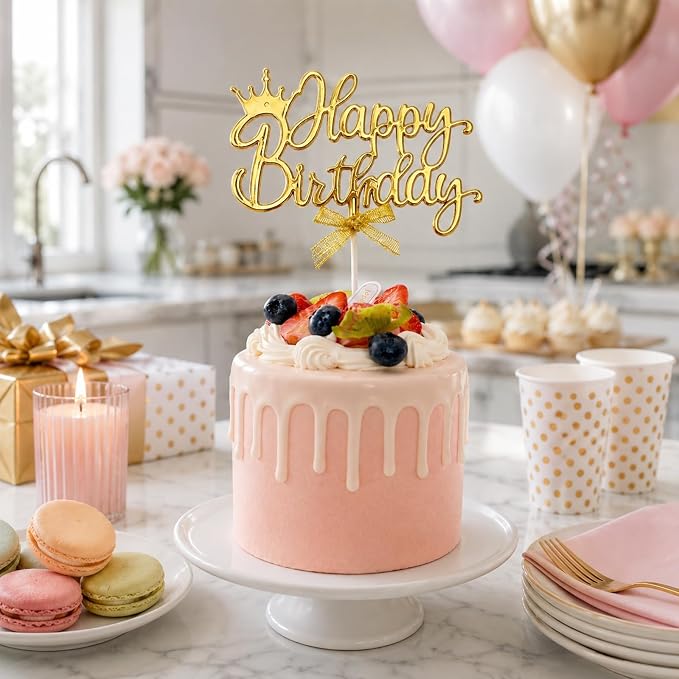 Gold Acrylic Happy Birthday Cake Topper with Crown and Bow | Glossy gold acrylic script with crown and bow adds an elegant finishing touch to birthday cakes and celebration desserts.