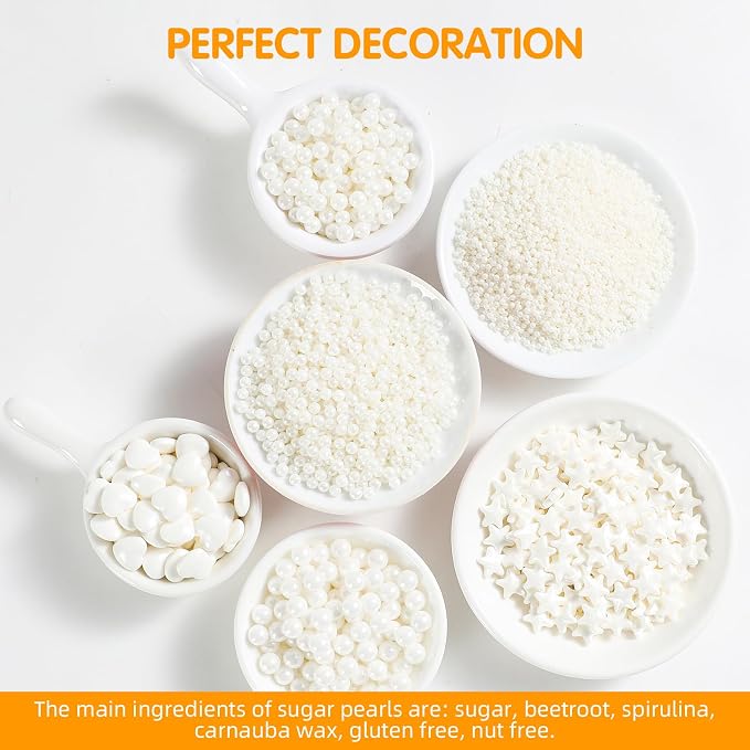 Kasvan White Pearl Sugar Sprinkles, 6 Sizes Mix for Cake Decorating, 230g/8.1oz, Ice Cream Toppings and Cookie Decorating, Wedding Party Chirstmas Supplies (White)