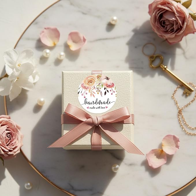 Floral Handmade with Love Stickers, 1.6 Inch Small Round Circle Adhesive Labels for Small Business, Gift Packaging, Envelopes, Baked Goods, Craft Tags, Wedding Favors 120Pcs(Handmade)