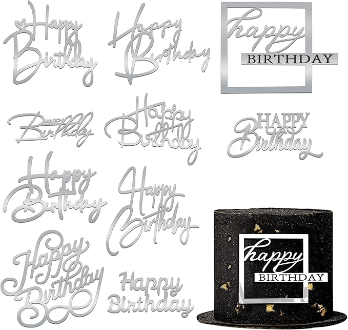 10 PCS Silver Happy Birthday Acrylic Cake Toppers Mirrored Side Cake Decorations Inserts 10 Styles (Silver)