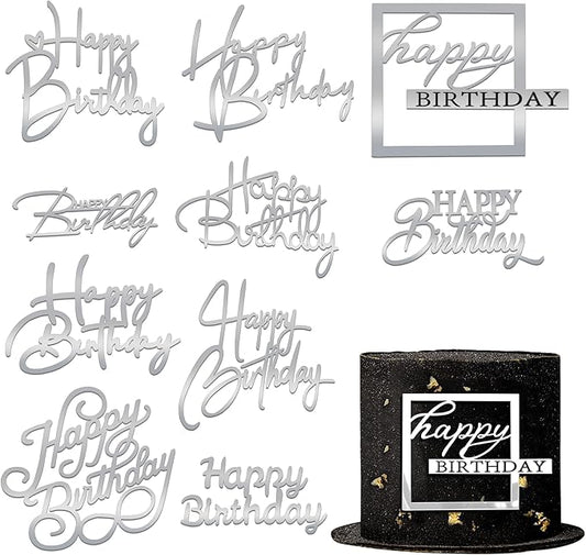 10 PCS Silver Happy Birthday Acrylic Cake Toppers Mirrored Side Cake Decorations Inserts 10 Styles (Silver)