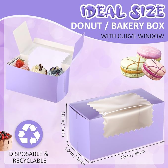 Ireer 60 Pcs 8x4x4 Inch Purple Bakery Boxes with Window Cookies Boxes Pumpkin Roll Container Donut Box Pastry Cake Packaging Safe for Cookies Loaf Muffins Breads Dessert Candies Treat