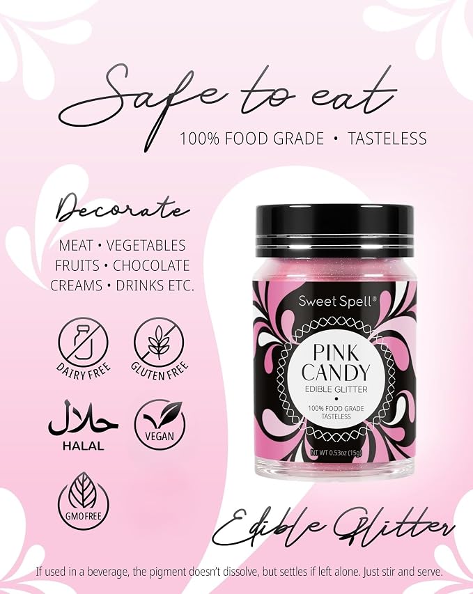 Sweet Spell Edible Glitter (15g) - Shimmer Sparkles for Drinks, Cakes, Cocktails - 100% Edible & Food Grade Glitter, Vegan, Gluten-Free (Pink Candy)