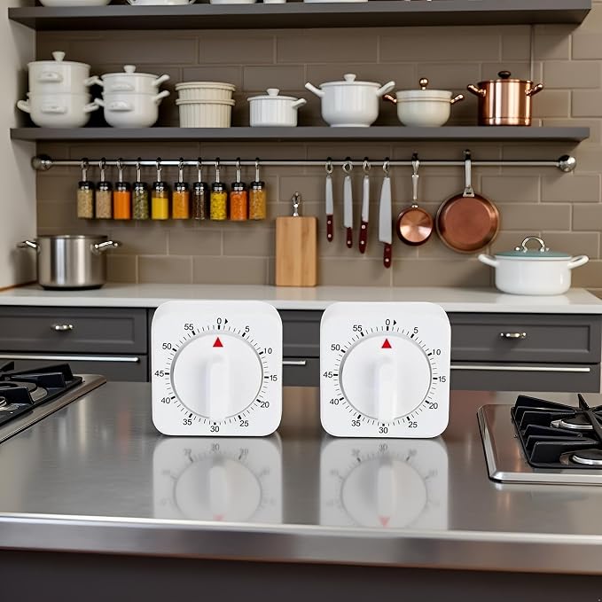 2Pcs White Timer Clock 60-Minute Mechanical Kitchen Timer Wind up Visual Cooking Clock with Loud Alarm No Batteries Required Ideal for Cooking Baking and Kitchen Management